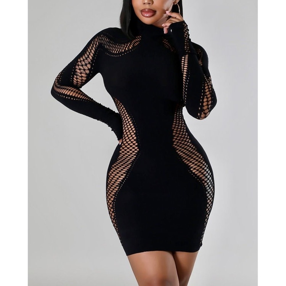 Commense Bodycon Mini Dress Mock Neck Long Sleeve Cutout Party Clubwear‎ Size M